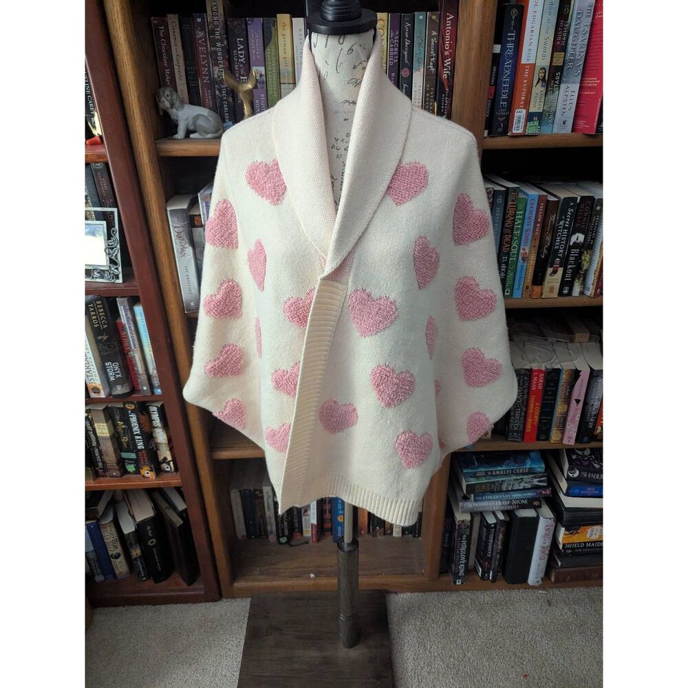 SAACHI Women’s Heart Patterned Ribbed Knit Cardigan Sweater One Size Cream Pink